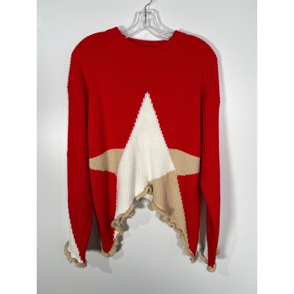 Elfric Eden Red White Star Asymmetrical Ruffle Hem Ribbed Sweater Streetwear XS